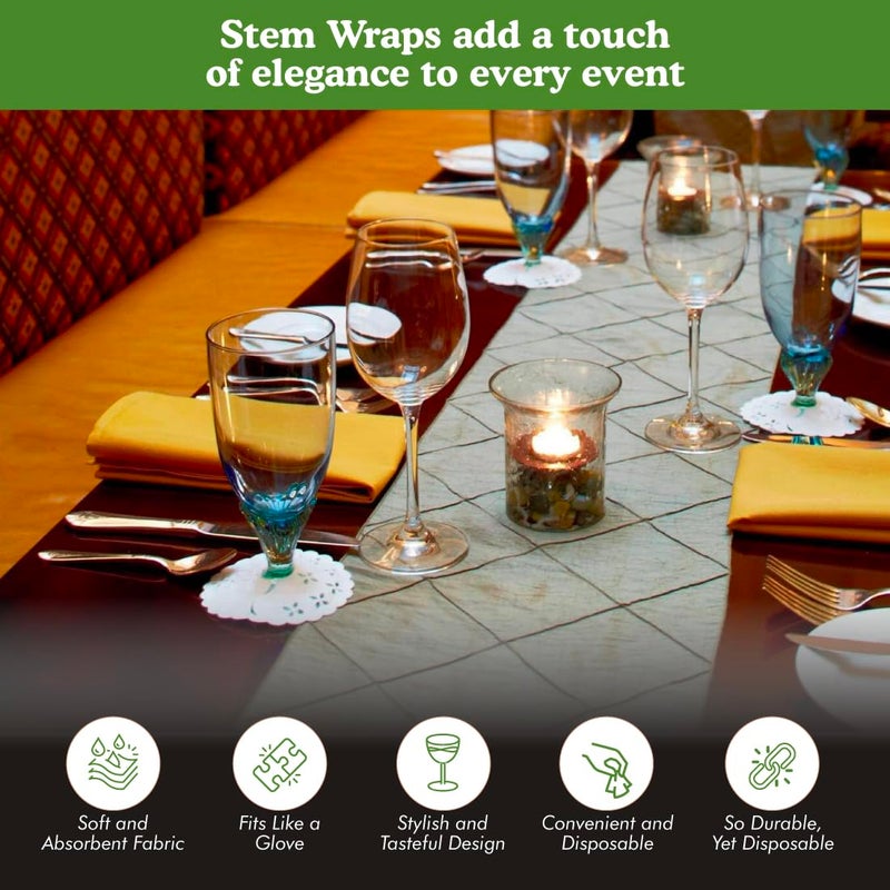 Regency Wraps Fabric Stem Wraps, Covers for Stemmed Glass Bases, Pack of 12 Elegant Yet Absorbent and Disposable Table Decor, Fit up to 3.25" Base, White - Image 3